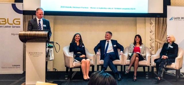 Mike Wallberg with Board Diversity moderator Melanie Bradley (BLG attorney), and panelists L. Scott Thompson (Finning CEO), Rachel Colabella (WATSON Governance Consultant), and Maureen Howe (Corporate Director).